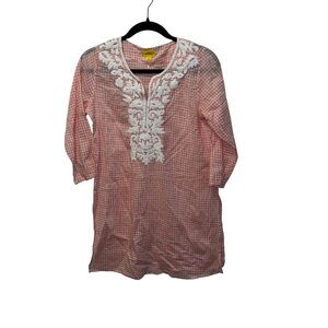 Roller rabbit 100% cotton pink white daisy floral tunic dress embroidered xs